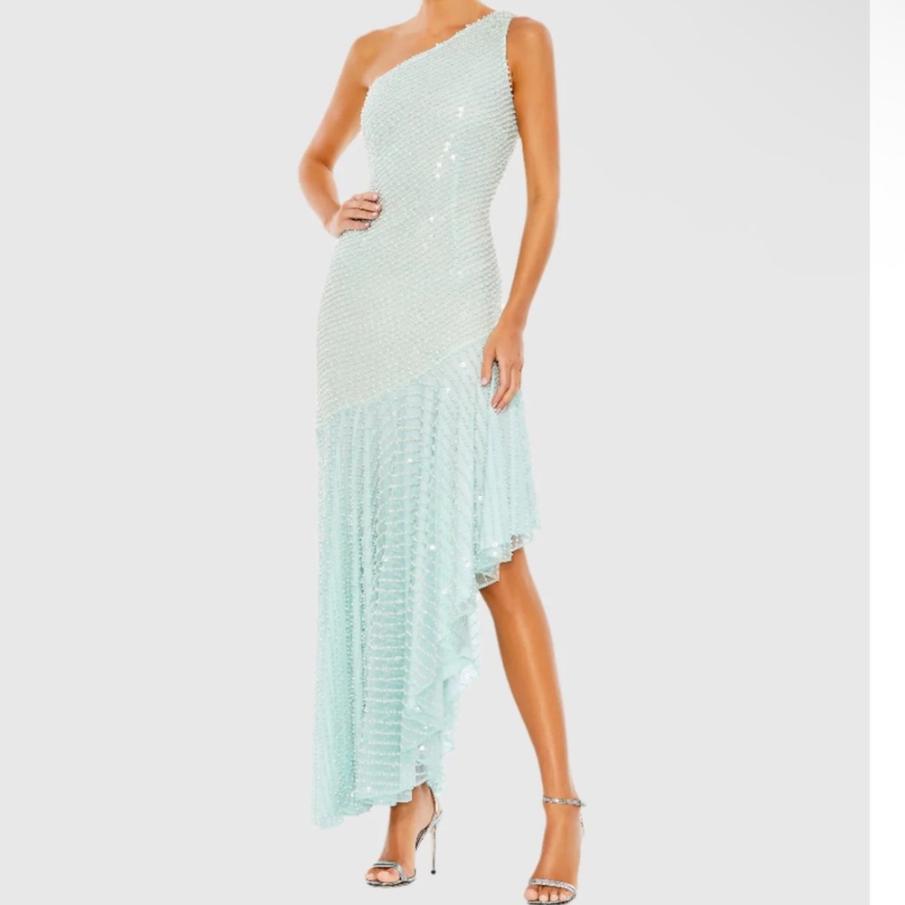 Elegant One-Shoulder Sequin Dress in Light Blue